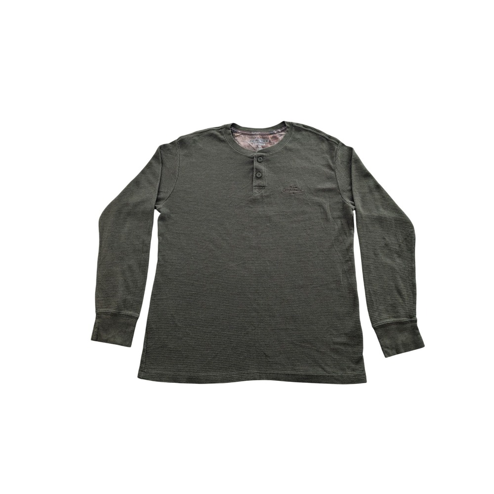 Realtree Mens L Waffle Knit Henley Shirt Olive Green Thermal Long Sleeve